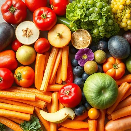 A colorful and diverse selection of fruits and vegetables, showcasing a balanced diet.