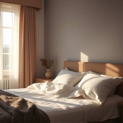 A serene bedroom with soft lighting, promoting a peaceful sleep environment