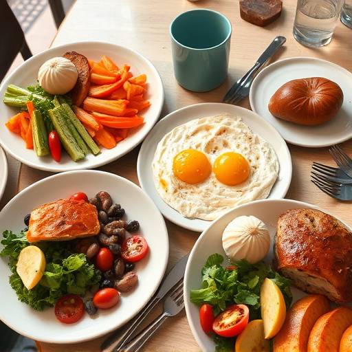 A table setting with a healthy breakfast, lunch, and dinner.