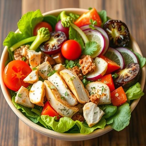 A vibrant and healthy salad with mixed greens, vegetables, and grilled chicken.