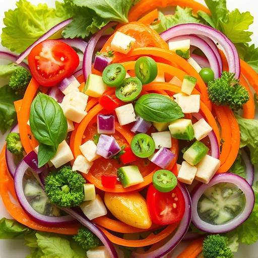 A vibrant salad with various fresh ingredients, representing nutrition