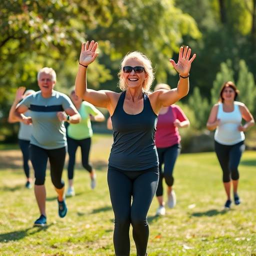 Group of people happily exercising outdoors