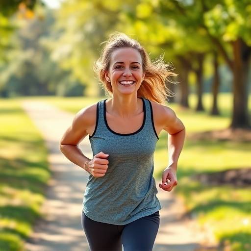 Person smiling while running outdoors