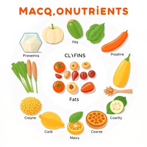 Visual representation of macronutrients: proteins, carbohydrates, and fats.